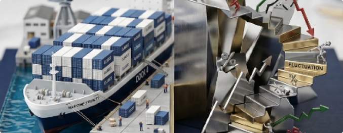 Navigating the Market - Container ship and gold silver stairs illustration